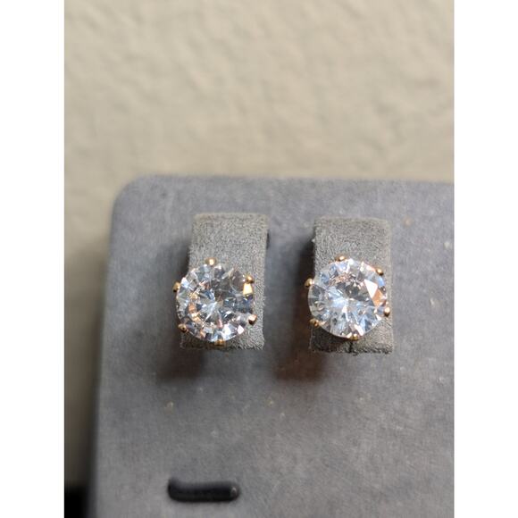 Gold Tone Six Prong Large CZ Post Stud Earrings - Picture 7 of 8